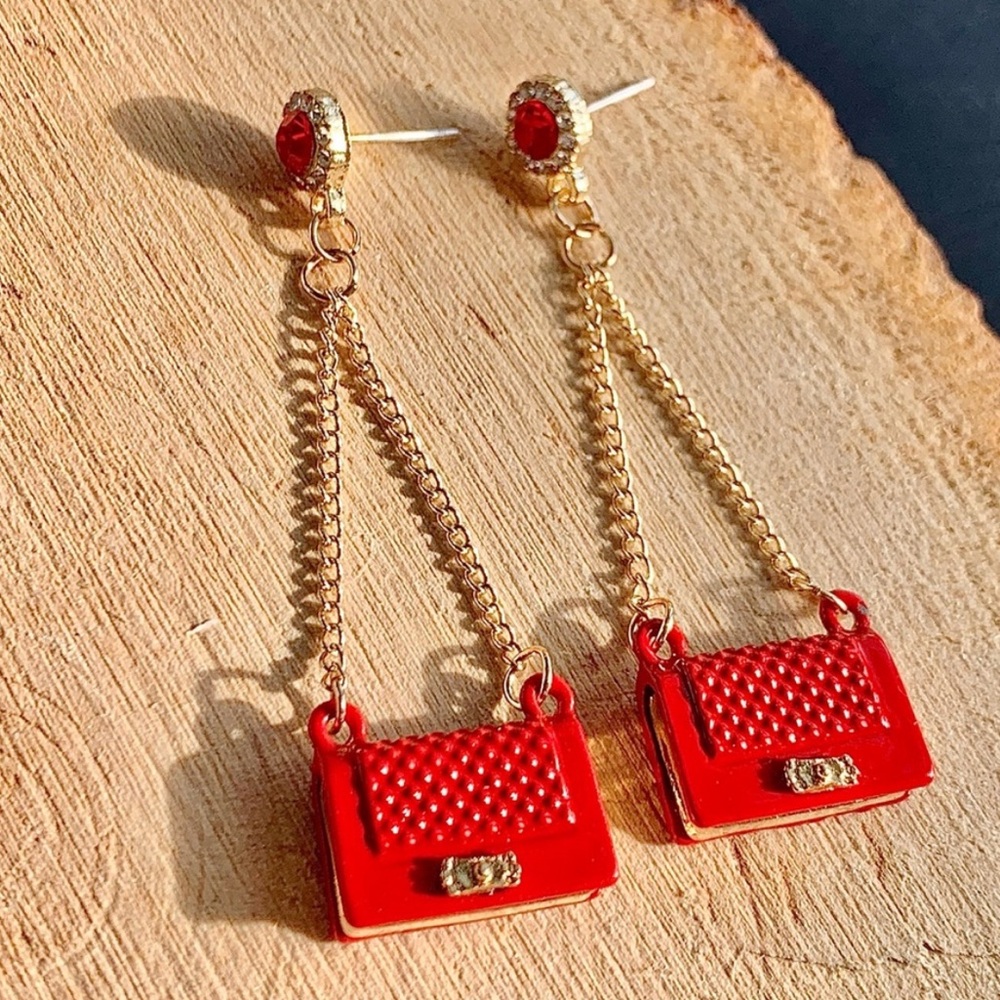 Crimson Red Luxury Clutch Purse Chic Drop CZ Gemstone Cute Earrings - Picture 4 of 5